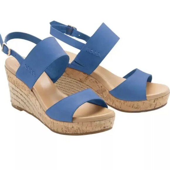 UGG Shoes - Ugg Elena Tan Blue Leather Espadrille Wedge Heel Slingback Sandals Size 6.5